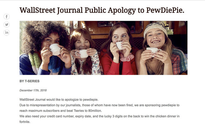 To Wall Street Journal bi hack, dang loi xin loi PewDiePie