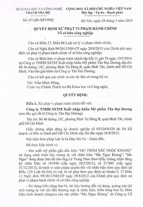 Biên bản xử phạt công ty Tân Đại Dương của Bộ Khoa Học Và Công Nghệ