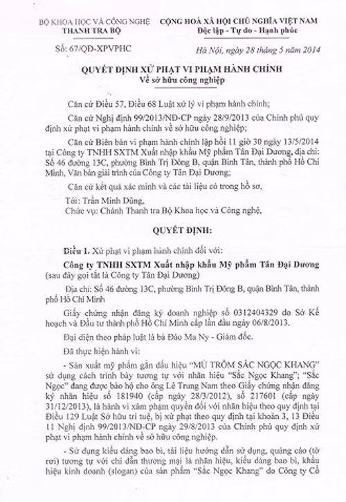 Biên bản xử phạt công ty Tân Đại Dương của Bộ Khoa Học Và Công Nghệ