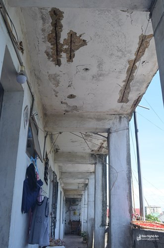 Bất kỳ ai khi đi trên hành lang các tầng nhà của chung cư D2, đều cảm thấy bất an. Bởi các mảng tường trần có thể bong tróc, rơi xuống xuống người. Ảnh: Báo Nghệ An.