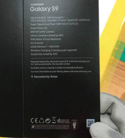 Các thông số của Galaxy S9 bị rò rỉ qua hình ảnh vỏ hộp trên mạng Twitter.