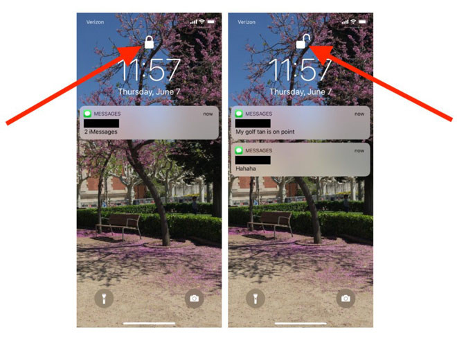 Nội dung thông báo sẽ được ẩn đi khi chưa được mở khóa (ảnh trái) và khi được mở khóa bằng Face ID (ảnh phải).