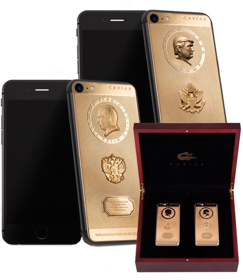  5. iPhone 7 phiên bản Putin- Trump: Năm 2017, Caviar lại tiếp tục tung ra cùng lúc 2 chiếc iPhone 7 32GB với mặt sau được mạ vàng và dập nổi gương mặt của hai nguyên thủ quốc gia Donald Trump của Mỹ và Vladimir Putin của Nga. Những chiếc iPhone này được bán ra trong hộp có mô hình quả địa cầu. Chúng có giá từ 6.650 USD cả cặp và lẻ là 3.313 USD mỗi chiếc (hơn 75 triệu đồng/chiếc).