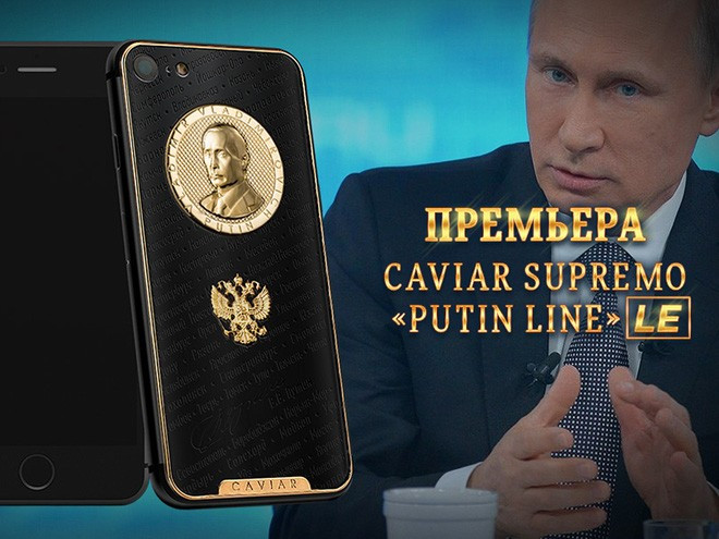  8. iPhone 7 Supremo Putin Line: Chiếc iPhone 7 Supremo Putin Line thuộc series “Tổng thống” với chân dung, chữ ký của ông Vladimir Putin. Tên những thành phố trung tâm của các tỉnh thuộc Liên bang Nga cũng được khắc trên nắp lưng bằng mã não đen – tương ứng với 85 tỉnh của nước Nga. Giá của một chiếc iPhone 7 này với dung lượng bộ nhớ trong 32 GB là 184000 rúp, tương đương khoảng hơn 71 triệu đồng.