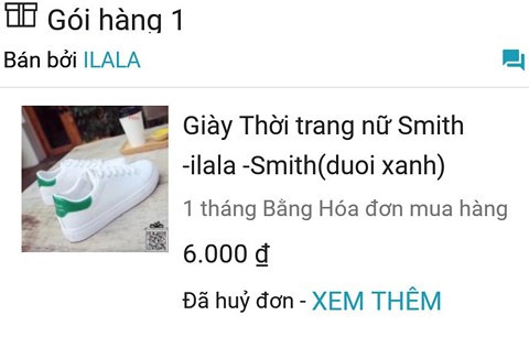 Đơn hàng giày thời trang Smith có giá 6.000 đồng. Ảnh nhân vật cung cấp.