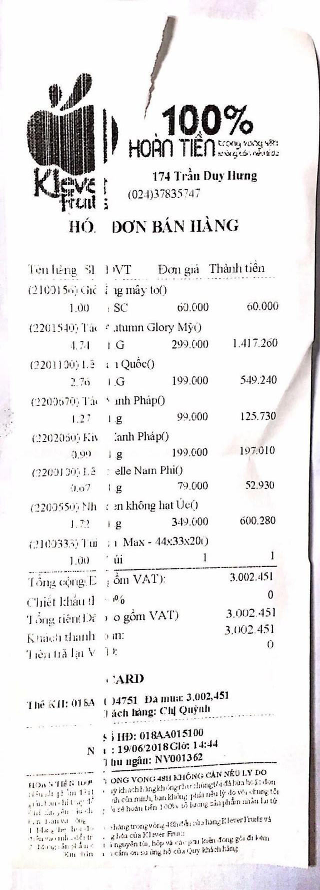 Hóa đơn bán hàng của Klever Fruits 174 Trần Duy Hưng.
