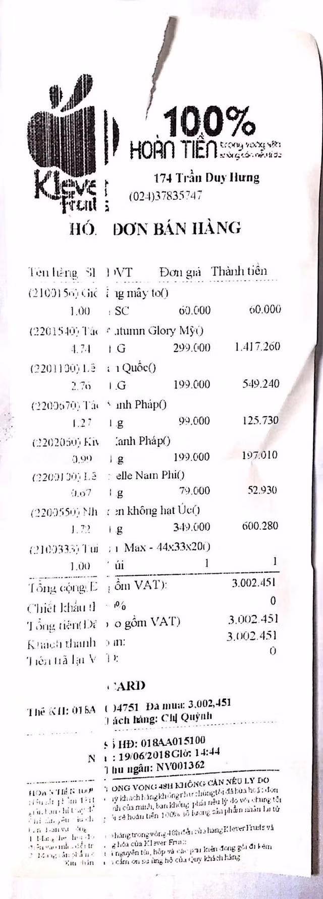 Hóa đơn bán hàng của Klever Fruits 174 Trần Duy Hưng.