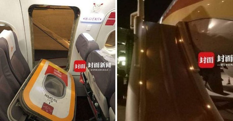 Cửa thoát hiểm bật ra đồng thời kích hoạt đường trượt thoát hiểm. Ảnh: The paper.