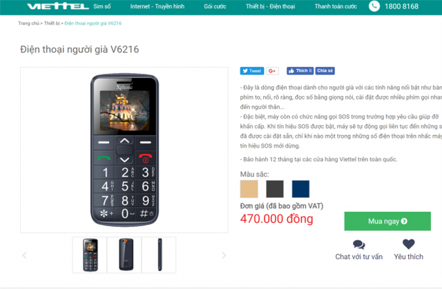 Mẫu điện thoại người già ký hiệu V6216 giống với mã số điện thoại mà UBND tỉnh Ninh Bình ra quyết định xử phạt đang được trang web của Viettel báo giá là 470.000 đồng.