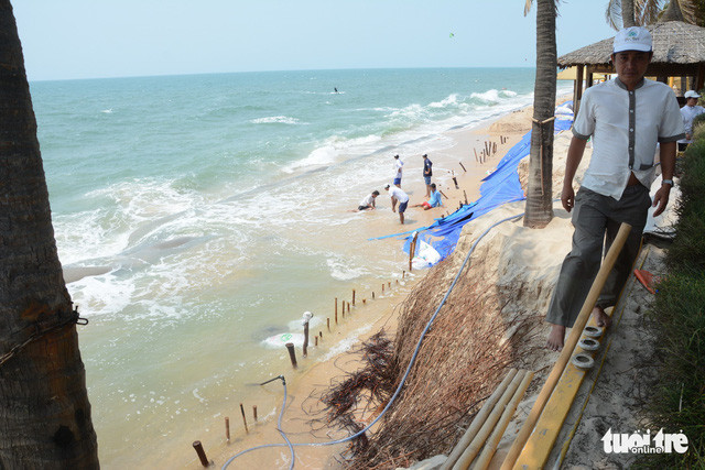 Các chủ cở sở du lịch huy động nhân viên ra gia cố tạm, ngăn chặn biển xâm thực.