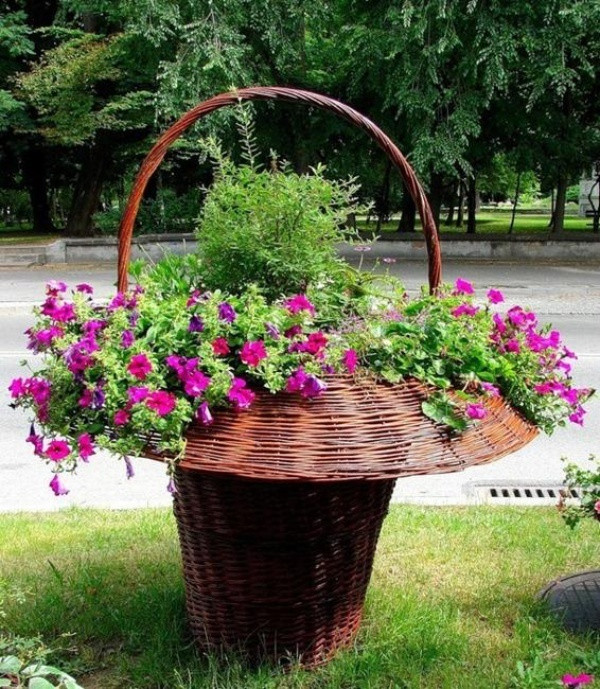 Chiếc giỏ đựng hoa cũng có thể biến thành chậu hoa xinh xắn bằng cách bỏ đất vào bên trong và trồng những loài hoa mà bạn yêu thích.