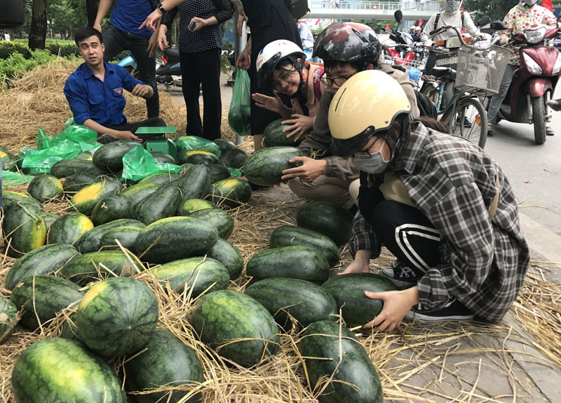 Người dân đi đường đều tranh thủ nghé vào mua dưa hấu.