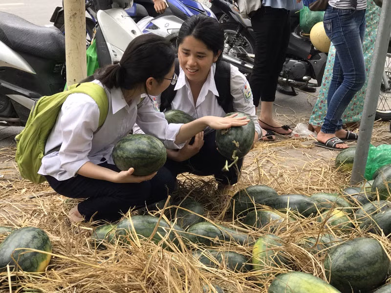 Đến các em học sinh phổ thông cũng tranh thủ mua ủng hộ bà con nông dân.