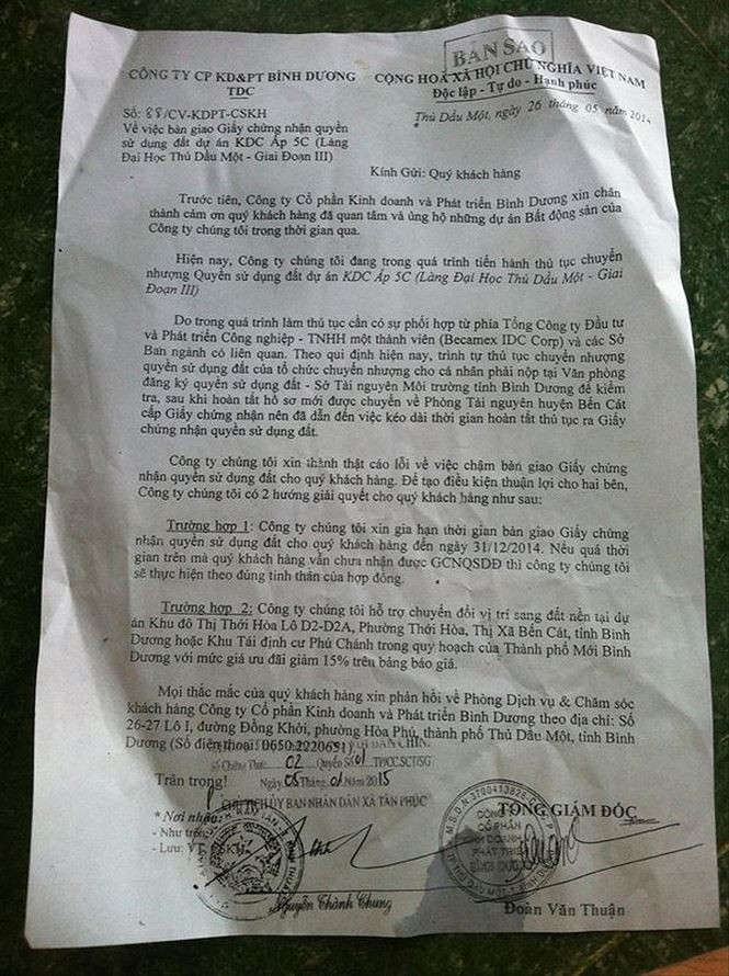 TDC gửi thư xin gia hạn cấp sổ đỏ.