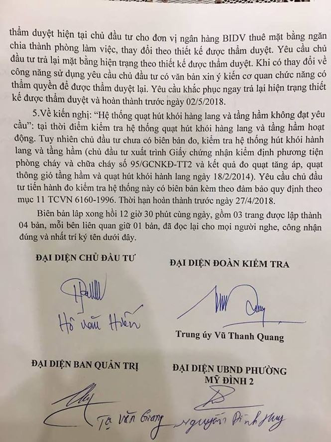 Phòng Cảnh sát PCCC số 3 yêu cầu chủ đầu tư trả lại mặt bằng hiện trạng theo thiết kế được thẩm duyệt.