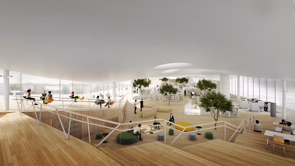 Thư viện này có mặt tiền ấn tượng với chất liệu gỗ và khu quảng trường rộng lớn.