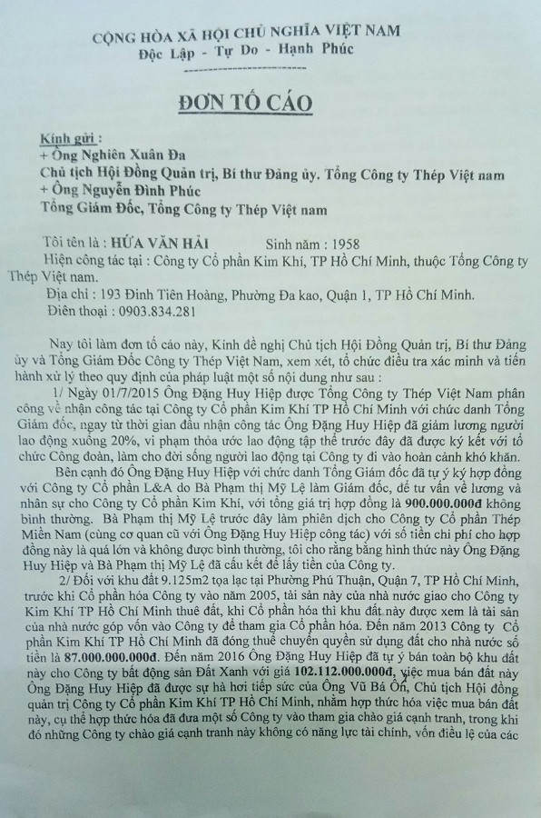 Đơn tố cáo lãnh đạo HMC của ông Hứa Văn Hải. Ảnh: Quốc Hải.