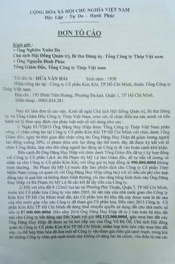 Đơn tố cáo lãnh đạo HMC của ông Hứa Văn Hải. Ảnh: Quốc Hải.