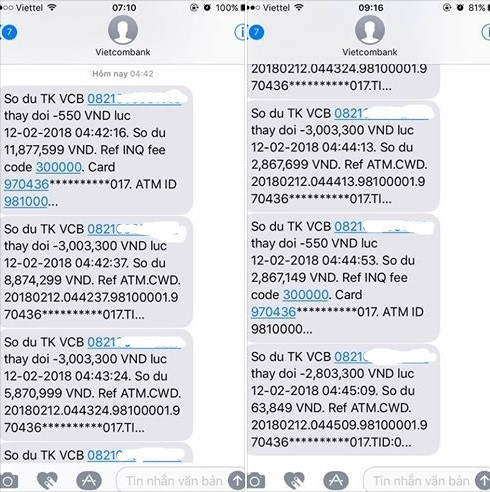 Toàn bộ giao dịch thực hiện qua cây ATM với số dự 3 triệu đồng/giao dịch. Ảnh chụp màn hình.