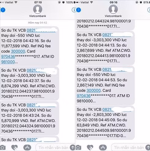 Toàn bộ giao dịch thực hiện qua cây ATM với số dự 3 triệu đồng/giao dịch. Ảnh chụp màn hình.