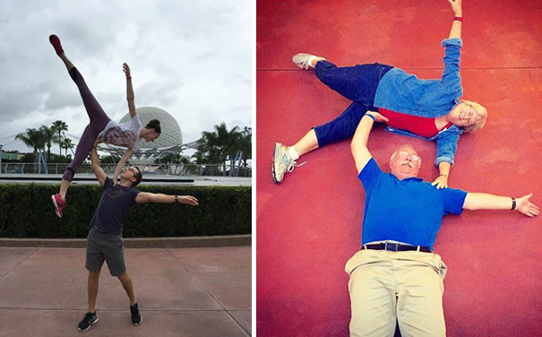 Con học thể dục nhịp điệu nên giữ thăng bằng rất tốt. Phụ huynh lớn tuổi rồi nên chỉ có thể "nằm thăng bằng" thôi.