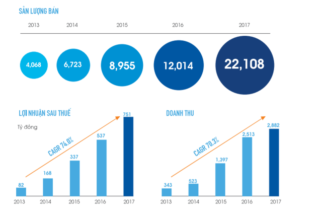Quá trình tăng trưởng doanh thu và lợi nhuận của Đất Xanh giai đoạn 2013-2017. Ảnh: I.T.