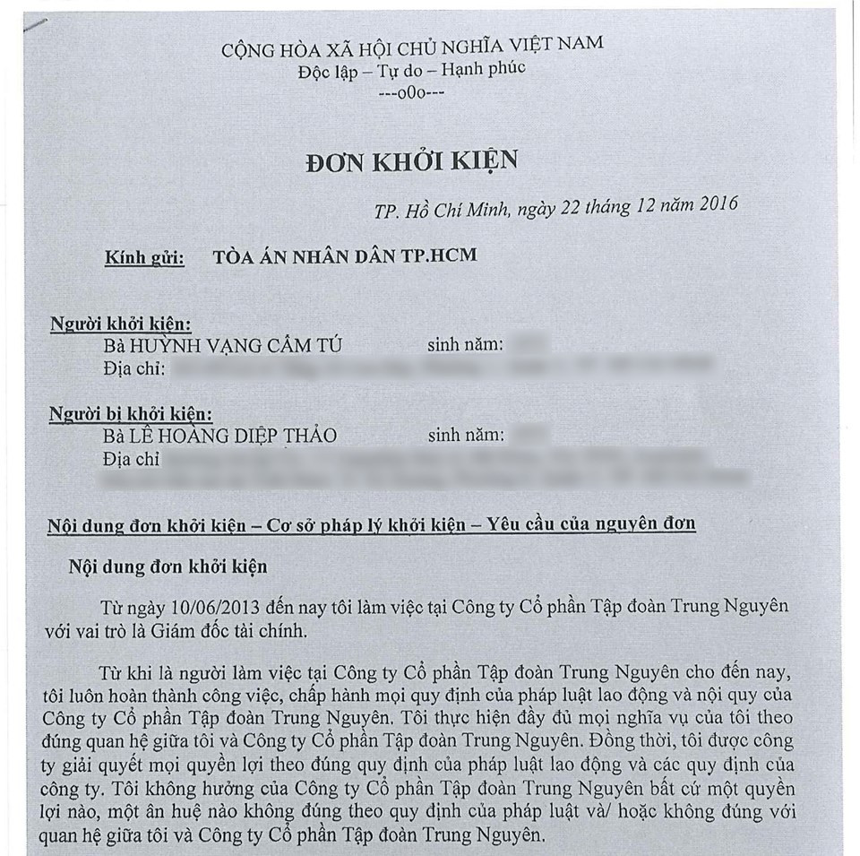 Đơn kiện của ông Huỳnh Vạng Cẩm Tú với bà Thảo năm 2016.