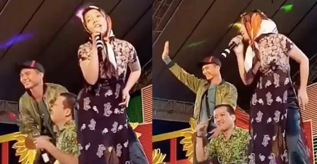 Trường Giang bối rối vì bị rơi mũ, để lộ đầu trọc khi diễn ở Bảo Lộc.