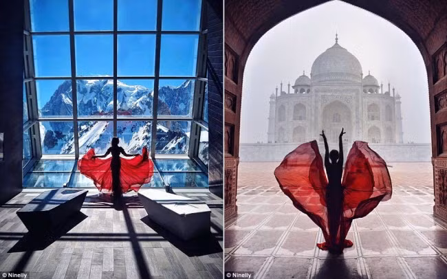 Nina chụp ảnh trước cửa sổ lớn ở Courmayeur, Italia (trái) và tại Ấn Độ.