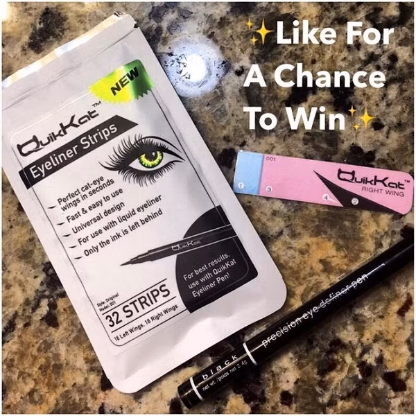 Miếng dán kẻ mắt mèo vô cùng tiện dụng QuikKat của Mỹ gồm 32 miếng dán kẻ mắt và 1 cây bút kẻ mắt.