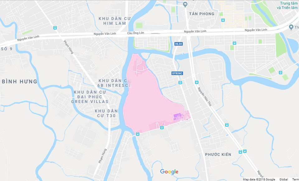 Vị trí dự án Khu dân cư Phước Kiển, huyện Nhà Bè có diện tích lớn đến 90 ha. Ảnh: Google Maps
