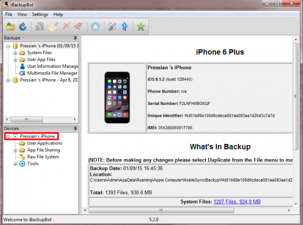 Khởi động iBackupBot và click vào tên thiết bị.