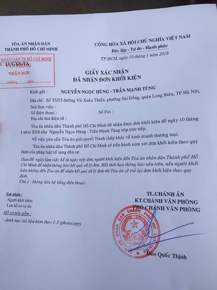 Tòa án Nhân dân TP. HCM tiếp nhận và xử lý đơn kiện của hai luật sư Việt Nam. Ảnh: Văn phòng Luật sư Kết Nối