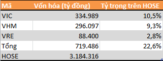 Vốn hóa của VIC, VHM và VRE đạt đến 719.486 tỷ đồng, chiếm 23% tổng vốn hóa sàn HOSE. Ảnh: I.T.