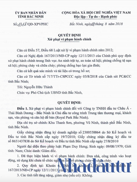 Cu dan o khi chua hoan thien, Royal Park Bac Ninh nguy co bi phat
