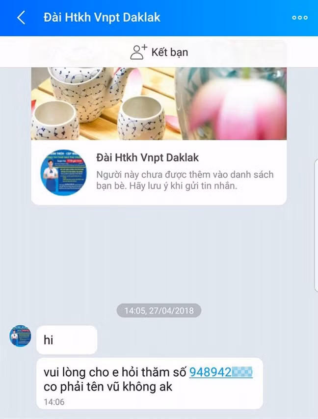 Tin nhắn qua ứng dụng Zalo gửi từ tài khoản Đài HTKH VNPT Daklak tới chị Trúc. Ảnh: NVCC.