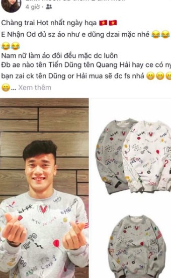 Chiếc áo nỉ in hình Tiến Dũng mặc đang được rao bán nhiều trên chợ mạng. Ảnh chụp màn hình.