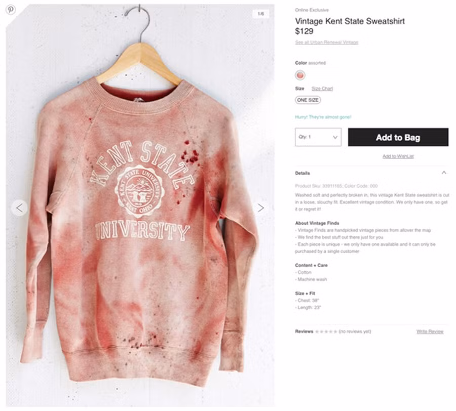 Năm 2014, Urban Outfitters khiến nhiều người phẫn nộ khi tung ra mẫu áo máu me "Vintage Kent State Sweatshirt" gợi nhớ sự kiện 4 sinh viên đại học bang Kentucky bị bắn chết bởi các thành viên đội bảo vệ quốc gia Ohio năm 1970. Hãng này sau đó phải công khai xin lỗi và gỡ sản phẩm khỏi các kênh bán hàng. Tuy nhiên, theo thông cáo của Urban Outfitters , trên mẫu áo này không hề có máu và các lỗ thủng.