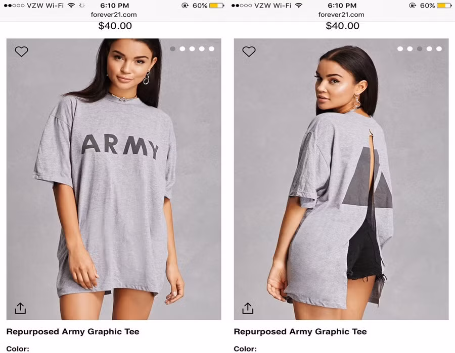 Hãng thời trang Forever 21 đã phải gỡ chiếc áo màu xám có thiết kế giống trang phục huấn luyện quân sự in chữ "army" (quân đội) trước ngực bị cho là phản cảm khỏi website bán hàng sau khi nhận được phàn nàn từ cộng đồng quân đội.