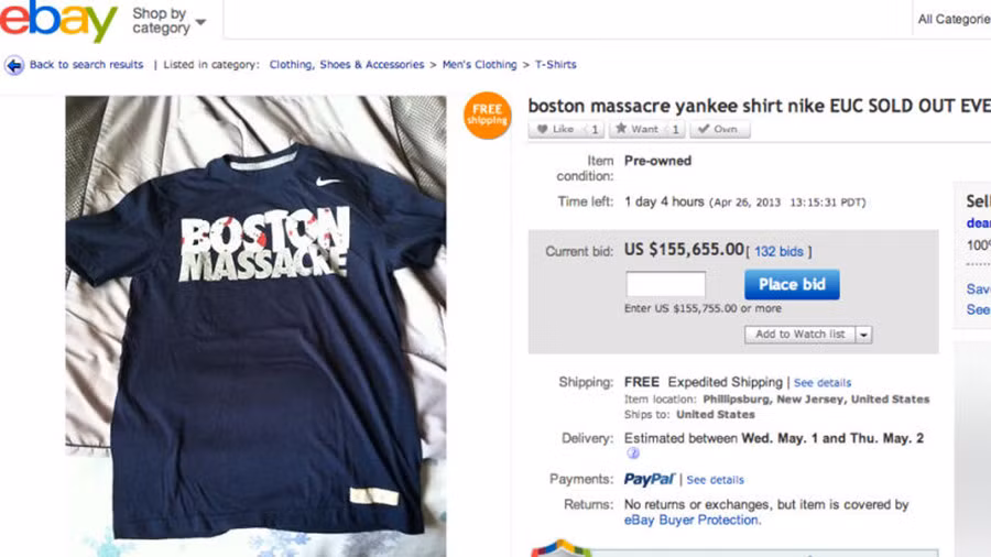 Năm 2013, mẫu áo có hình ảnh máu me in dòng chữ "Boston Massacre" của Nike bị chỉ trích vì làm gợi nhớ tới vụ nổ bom Marathon Boston tại Boston làm 3 người thiệt mạng và 282 người bị thương. Dù sản phẩm này đã được thu hồi, một người dùng eBay đã mang bán đấu giá mẫu áo này và thu về hơn 155.000 USD.