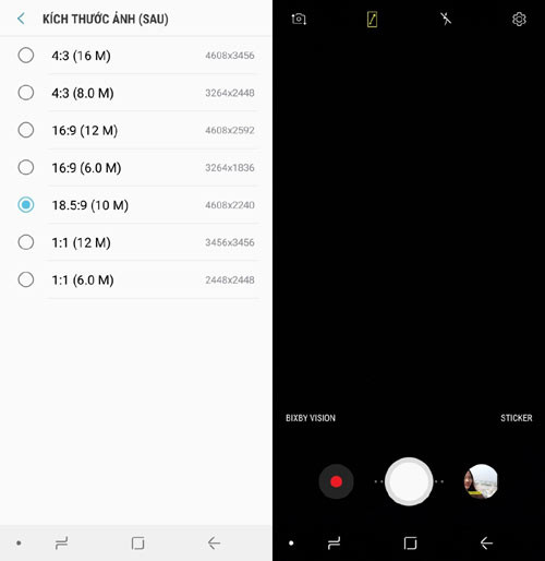Bạn có thể chọn kích thước ảnh cùng với độ phân giải, hoặc có thể chỉnh nhanh từ chế độ 4:3 qua 18:5:9 bằng nút chức năng có sẵn của Samsung.