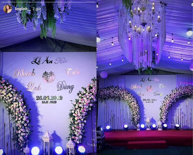 Buổi lễ đính hôn dung gam màu tím làm chủ đạo, hoa cưới và đồ trang trí đều trông rất lãng mạn.