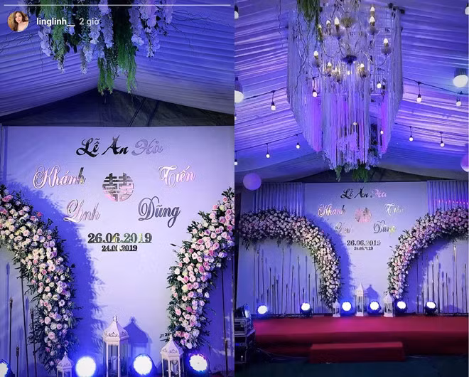 Buổi lễ đính hôn dung gam màu tím làm chủ đạo, hoa cưới và đồ trang trí đều trông rất lãng mạn.