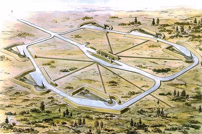 Minh họa trận địa tên lửa phòng không S-200 gồm: đài radar điều khiển hỏa lực 5N62 đặt ở giữa; xung quanh bố trí 6 bệ phóng 5P72. Nguồn ảnh: Ausairpower