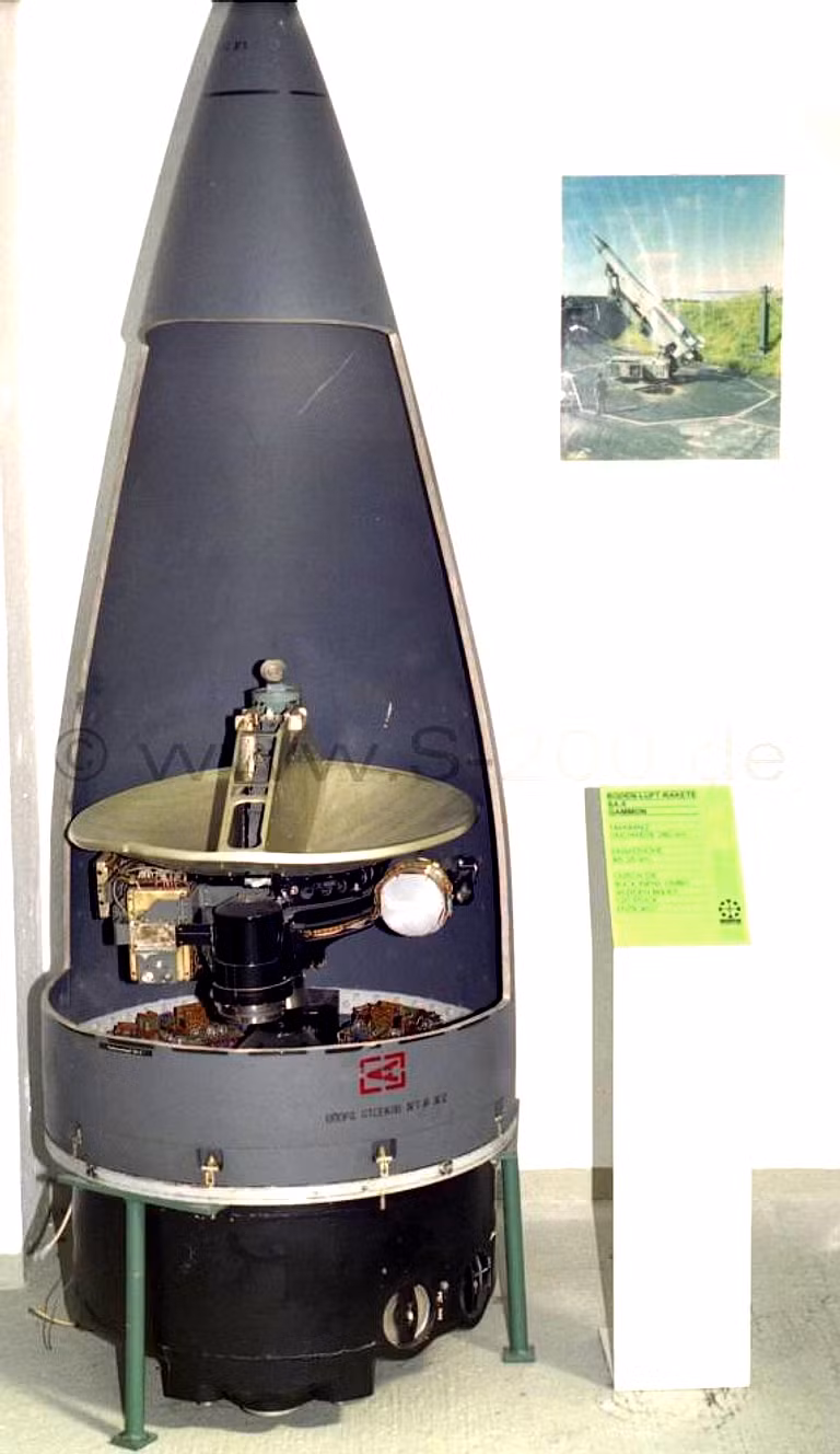 Tên lửa sử dụng hệ chiếu vô tuyến pha giữa để hiệu chỉnh đường bay. Ở pha cuối dùng đầu tự dẫn radar bán chủ động tấn công mục tiêu (trong ảnh là radar dẫn đường 5G24 ở đầu đạn). Mỗi quả đạn lắp đầu đạn nổ phân mảnh nặng 217kg (chứa bên trong 16.000 mảnh nhỏ loại 2g và 21.000 mảnh nhỏ 3,5g) cho bán kính sát thương rất lớn. Nguồn ảnh: Ausairpower