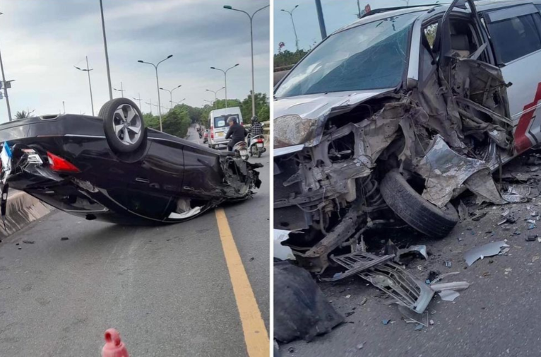 O to lat nguoc tren cau vuot sau tai nan o Ha Noi