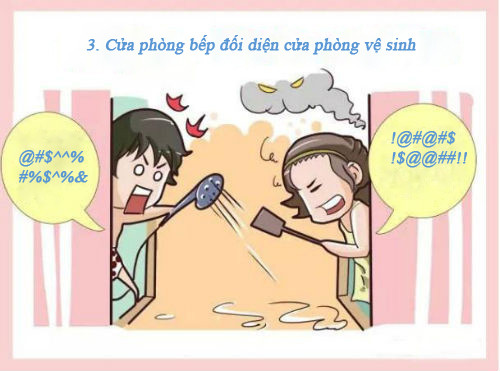 Căn phòng bếp thuộc yếu tố lửa trong khi nhà vệ sinh thuộc yếu tố nước. Vì vậy, nếu hai căn phòng này đối diện nhau, chúng sẽ đụng độ và gây ra xung đột giữa vợ chồng hoặc gây ra sự bất hòa giữa các thành viên trong gia đình. Ngoài ra, phòng bếp là nơi để nấu món ăn cho cả gia đình, trong khi phòng vệ sinh lại là nơi bẩn thỉu, mang nhiều uế khí và năng lượng xấu. Do vậy, khi đặt hai phòng đối diện nhau sẽ ảnh hưởng hưởng đến sức khỏe của gia đình và các năng lượng xấu có thể chảy vào phòng bếp.