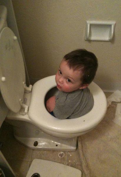 Bồn cầu có vẻ là một nơi vui chơi lí tưởng của trẻ...