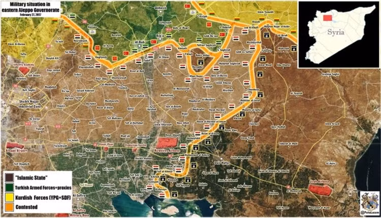 Quân đội Syria cắt ngang đường tiến của Quân đội Thổ Nhĩ Kỳ xuống phía nam. Ảnh Al Masdar News
