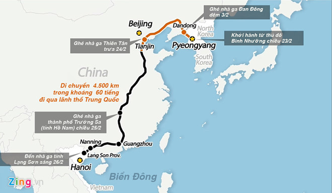 Tại khu vực ông Kim đi qua, Trung Quốc đã triển khai lực lượng thiết lập các hàng lang an ninh. Các khách sạn trong phạm vi này cũng phải đóng cửa. Khác với dự đoán, chuyến tàu của ông Kim không dừng lại ở thủ đô Bắc Kinh. Hành trình từ Bình Nhưỡng tới Hà Nội dài 4.500 km.